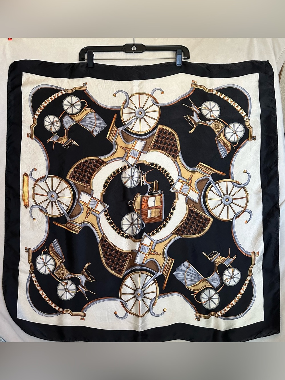 Vintage 100% Silk Carriage Wheel Equestrian Square Scarf Black Ivory Gold 34x34”